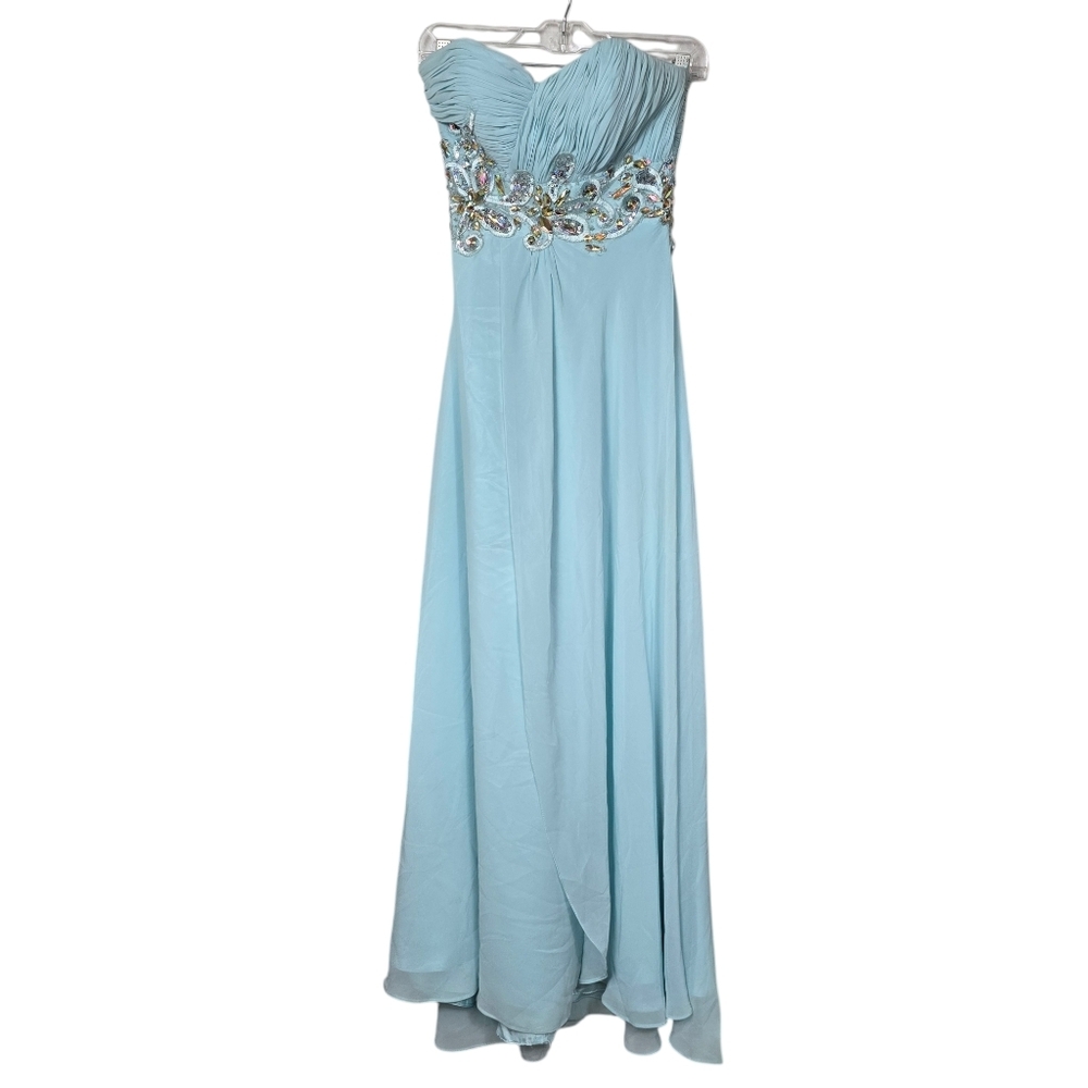 Star Box Pleated Beaded Light Blue Strapless Maxi Dress XS